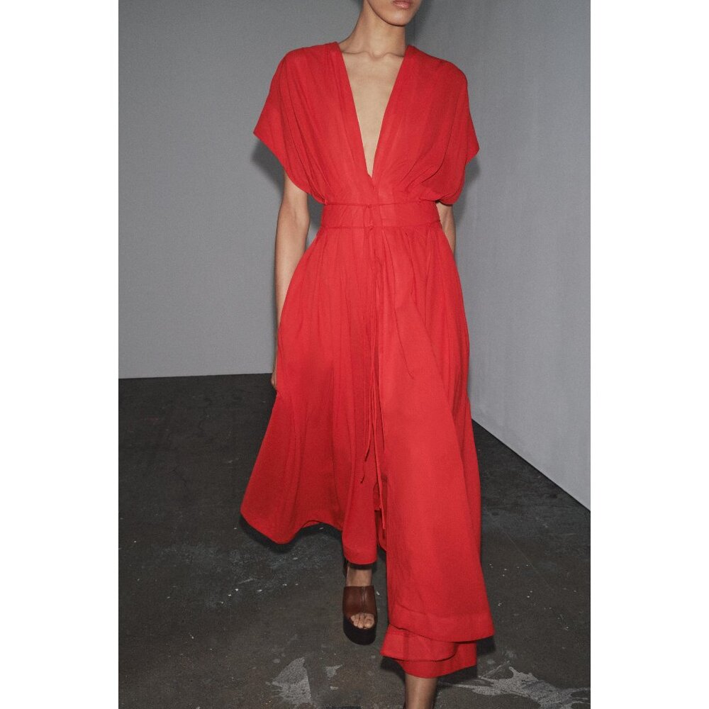 Zara Vibrant Red V-Neck Midi Dress